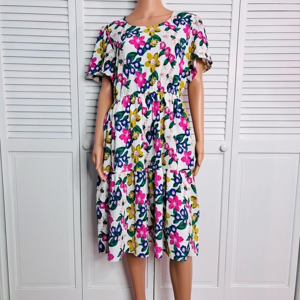 POLAGRAM Floral Print Flutter Sleeve Midi Dress Size Large